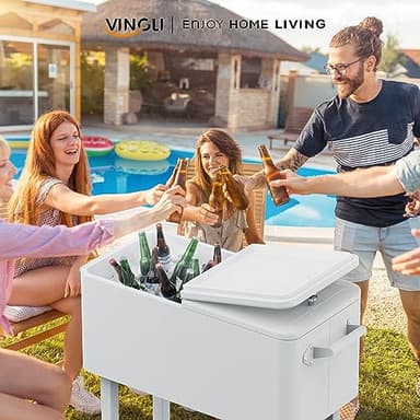 VINGLI 80 Quart Rolling Ice Chest, Portable Patio Party Bar Drink Cooler Cart, with Shelf, Beverage Pool with Bottle Opener (White) - Image 2