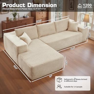 106" Cloud Sectional Couch with Chaise Lounge,L Shaped Modular Modern Sofa,Comfy Corduroy Fluffy Couches with Deep Seat,No Assembly Required Couch for Living Room(Left,Plush Corduroy,Beige) - Image 2