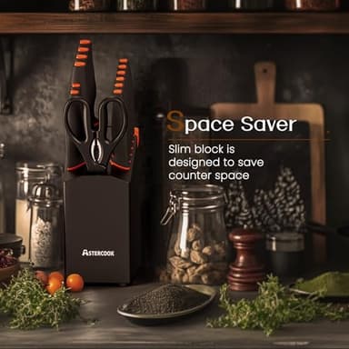 Knife Set, Astercook 15 Pcs Dishwasher Safe Kitchen Knife Set with Built-in Sharpener, High Carbon German Stainless Steel Black Knife Block Set - Image 3