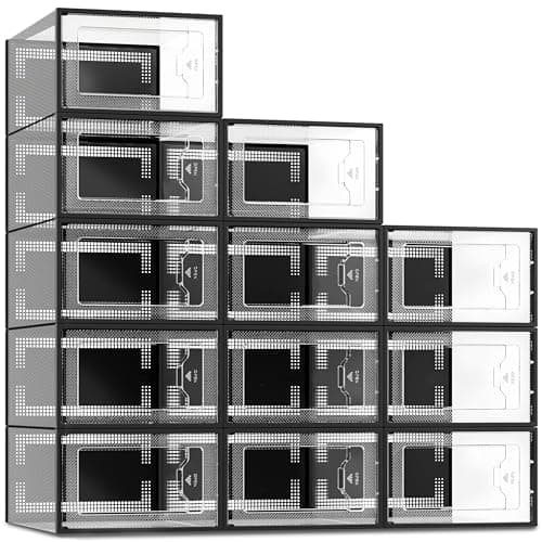 SEE SPRING X-Large Black Modern Plastic Shoe Box, 12 Pack, Clear Front Door, Stackable, Foldable, Ventilated, Fits US Size 11, 13.2''L9.1''W7.3''H Inch, 655.65 Cubic Inches, Already Assembled - Image 1