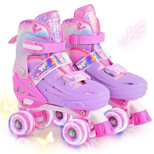 2PM SPORTS Roller Skates Girls Ages 5-8 8-12 3-5 4-7 6-12 10-12 with Light Up Wheels, Outdoor Indoor Girls Rollerskates for Kids Beginner Size 10C 11C 12C 13C 1 2 3 4 5 6 Pink Butterfly - Image 1