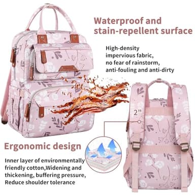 Diaper Bag Backpack for Baby Girl, Multifunction Waterproof Diaper Bag for Mom Dad, Large Pink Floral Baby Diaper Bags, Baby Essentials Travel Bag with Stroller Straps, Large Capacity, Stylish - Image 6