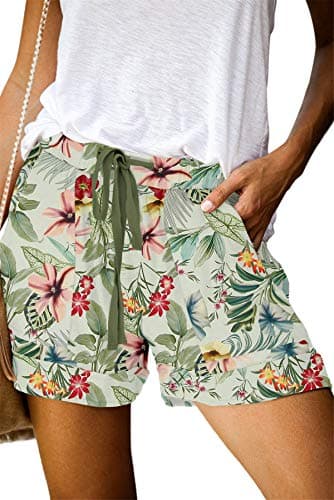 ONLYSHE Women's Floral Beach Athletic Shorts Elastic Waist Lounge Short Pants with Pockets Plus Size Pants Green 3XL - Image 1