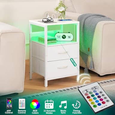 Yoobure Nightstand with Charging Station, LED Night Stand with Fabric Drawers and Storage Shelf for Bedroom, Nightstands Bedside Tables with USB Ports & Outlets, Small Night Stands, Bed Side Table - Image 5