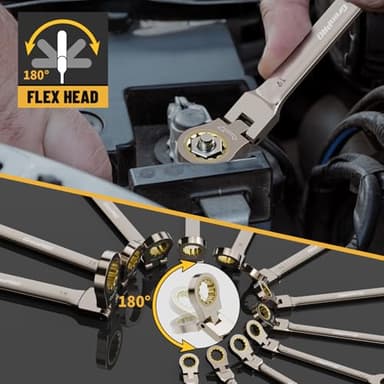 GRENPRO Wrench Set, Ratchet Wrenches Set, 25PC Flex-Head Ratcheting Wrench Set SAE&Metric and Standard 1/4" to 7/8"&8-19mm with Gauge Organizer, 72 Tooth Mechanic Tool Open End Combination Wrench Sets - Image 5