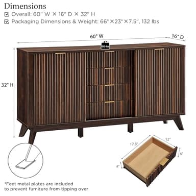 T4TREAM 60" Fluted Dresser with Sliding Doors and 4 Drawers, Modern Chest, Curved Profile Design, Dresser TV Stand, Wood Drawer Organizer for Bedroom, Living Room, Dark Walnut - Image 2