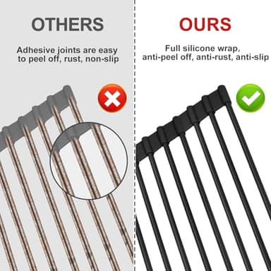 MERRYBOX 20.5" x 13" Roll Up Dish Drying Rack Silicone Wrapped Over The Sink Dish Drying Rack Multipurpose Foldable Sink Drying Mat, Heat-Resistant & Anti-Rust Dish Rack for Kitchen Sink, Large, Black - Image 4