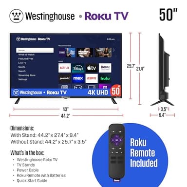 Westinghouse Roku TV - 50 Inch Smart TV, 4K UHD Television with Wi-Fi Connectivity and Mobile App, Flat Screen, Bluetooth, Compatible with Apple AirPlay, Alexa and Google Assistant - Image 7