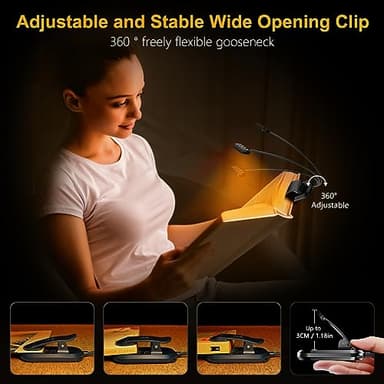 Gritin Rechargeable Book Light for Reading in Bed with 19 LED &Memory Function-Eye Caring 3 Color Temperatures,5 Brightness Levels,80 Hrs Runtime Flexible Goose Neck Clip on Light for Book Lovers - Image 5