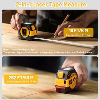262Ft Laser Tape Measure, SAVSEC 2 in 1 Laser Measuring Tool & 16ft Self-Locking Measuring Tape, Digital Laser Distance Meter with Pythagorean, Area, Volume Measure & Ft/Ft+in/in/M Unit(80M) - Image 2