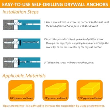 Self Drilling Drywall Anchors - 104Pcs Dry Wall Anchors and Screws Kit for Drywall,52 Self-Tapping/Threaded Plastic Sheetrock Anchors + 52#8 x 1-1/4'' Screws, Heavy Duty 75LB Hanging - Image 6