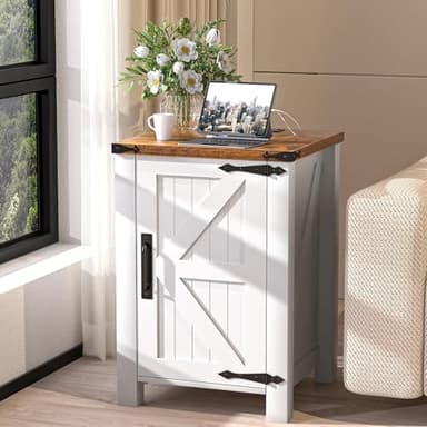 OLILAWN Farmhouse Nightstand with Charging Station, End Tables for Living Room, with Barn Door and Adjustable Shelf, Old Farmhouse End Tables Antique White, with 2-Tier Storage, Bedroom - Image 5