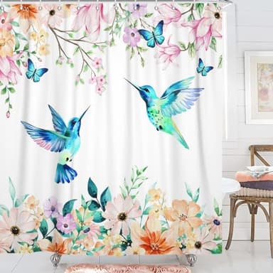 Caheansi Hummingbird Floral Shower Curtain, Spring Watercolor Flowers Blossom with Leaves Butterflies Plants Bathroom Curtain Waterproof Fabric Machine Washable with Hooks, 72" Wx72 L - Image 1
