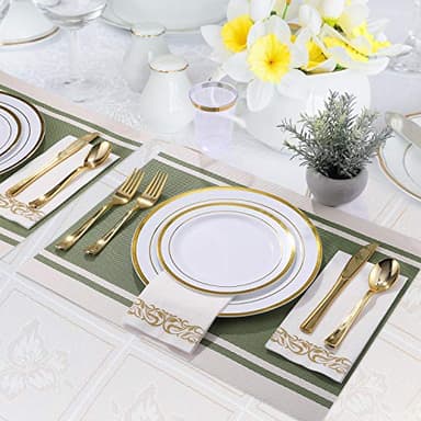 FOCUSLINE 350 Ct Disposable Dinnerware Set for 50 Guests -Heavy Duty Plastic Plates with Gold Rim, Includes 50 Dinner & Salad Plates, Cups, Napkins, Cutlery Set - Image 5