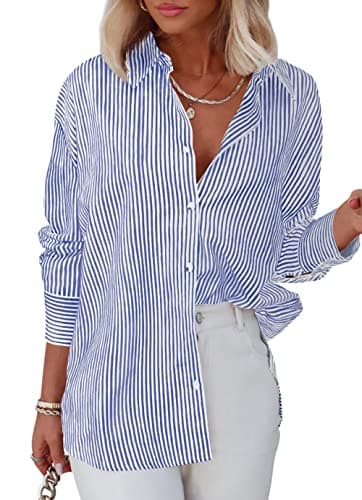 Diosun Womens Striped Button Down Shirts Classic Long Sleeve Stylish Collared Office Work Blouses Tops (Medium, Blue) - Image 1