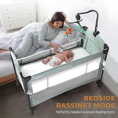 JOYMOR 3 in 1 Baby Bedside Bassinet, Bedside Sleeper with Mattress and Sheet, Convert to Bassinet, Playpen, Foldable Travel Baby Bed, with Wheels, Brake, Carry Bag - Image 3