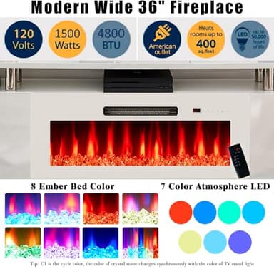 AMERLIFE Fireplace TV Stand with 36" Fireplace, 70" Modern High Gloss Fireplace Entertainment Center LED Lights, 2 Tier TV Console Cabinet for TVs Up to 80", White & White - Image 2