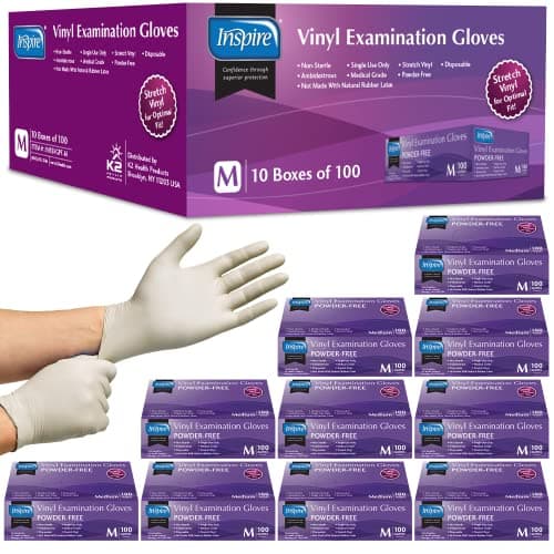 Inspire Stretch Vinyl Exam Gloves | THE ORIGINAL Quality Disposable Latex Free Medical Glove Cleaning Cooking Food Service Labs Healthcare and Household, Medium 1000 Count - Image 1