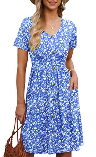 MOLERANI Women Summer Casual Short Sleeve V Neck Dresses Button Down Sundress Beach Vacation with Pockets Travel Outfits,Blue White Flower,XL - Image 2