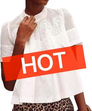 VAOYIU Women Lace-Detail Flared Blouse Short-Sleeve Crew Neck Lace Poplin Mesh Swing Top Casual and Elegant Loose with Intricate Back Design(White-M) - Image 5