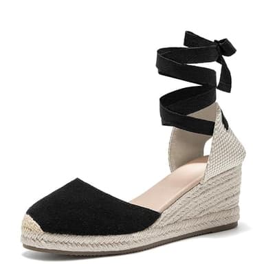 U-lite Womens Espadrille Wedge Sandals Closed Toe Platform Lace Up Ankle Strap Slingback Summer Dress Shoes Black Suede-2.5" 8.5 - Image 1