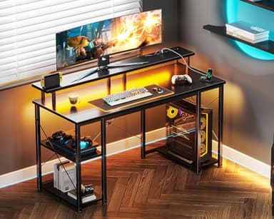 ODK 48 inch Gaming Desk with LED Lights & Power Outlets, Computer Desk with Monitor Stand & Storage Sheves, CPU Stand, Home Office Desk, Black - Image 2