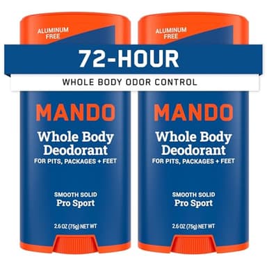 Mando Whole Body Deodorant For Men - Smooth Solid Stick - 72 Hour Odor Control - Aluminum Free, Baking Soda Free, Skin Safe - 2.6 ounce (Pack of 2) - Pro Sport - Image 1