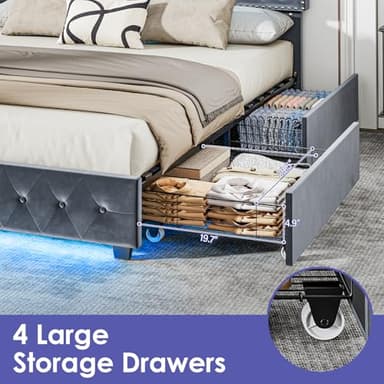 BedsPick King Size Bed Frame with LED Lights, Velvet Upholstered Platform King Bed Frame with 2 Storage Drawers and Adjustable Headboard, No Box Spring Needed King Bedframe (Light Grey, King) - Image 4