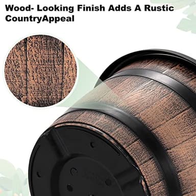 Quarut Large Plastic 3 Pack16 inch Plant Pots,Whiskey Barrel Planters with Drainage Holes & Saucer.Flower Pots Imitation Wine Barrel Design for Indoor & Outdoor Garden Balcony Plants.7 Gallons(Brown) - Image 4