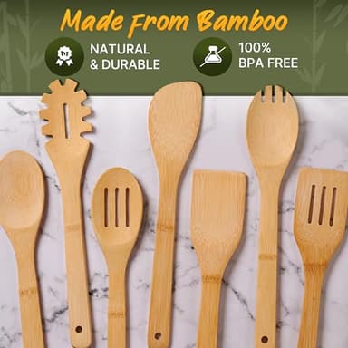 Wooden Utensil Set, Bamboo Utensils – 7 PCs Wood Spoons for Cooking, Easy to Clean, Sturdy, Lightweight & Heat Resistant - Image 4