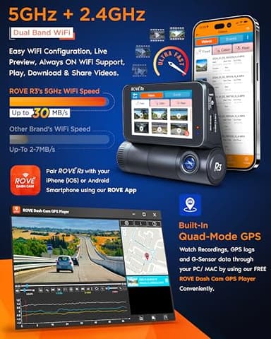 ROVE R3 Dash Cam Front and Rear with Cabin, 3” IPS Touch Screen, 3 Channel Dash Cam 1440P+1080P+1080P, IR Night Vision, 5GHz WiFi, Up to 30MB/s Download Speed, Quad-Mode GPS, Supports 512GB Max - Image 4