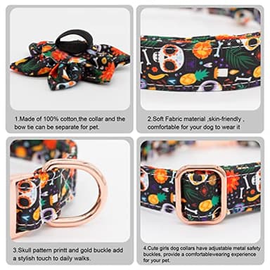 Hilkycton Dog Collar and Leash Set with Flower Bow Tie Girls Dog Collar Metal Buckle Adjustable for Small Medium Large Dogs Skull Skeleton-M - Image 3