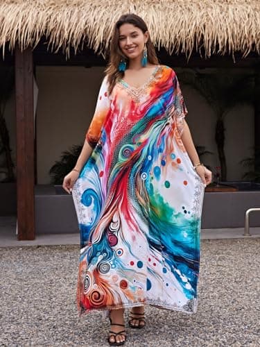 IMAGEKOPE Women's Plus Size Loose Fit Moroccan Print V-Neck Batwing Kaftan Beach Dress Bathing Suit Cover Up - Image 4
