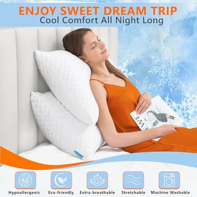 UYWO Cooling Pillows Queen Size Set of 2, Memory Foam Pillows with Zipper, Firm Bed Pillows Adjustable for Hot Side Back Stomach Sleepers - Image 2