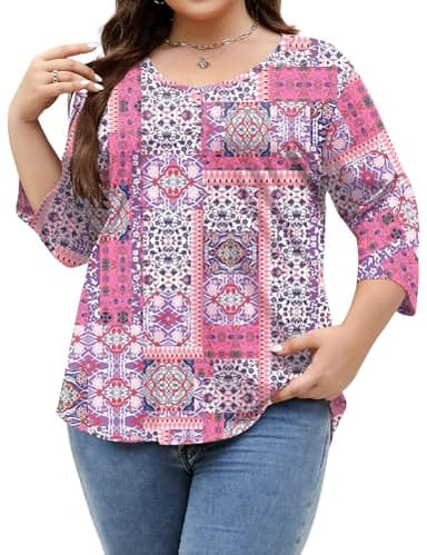 TFSDOD Womens Spring Fashion 2025 Plus Size Tops Women's V Neck Long Sleeve T Shirt Printed Tees Pink Boho XXL - Image 2