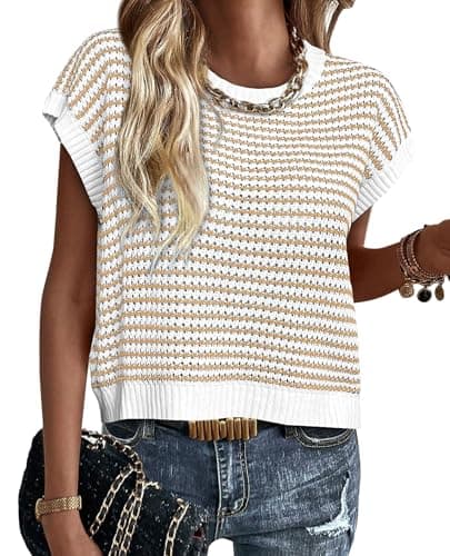 PRETTYGARDEN Womens Short Sleeve Sweater Spring Summer 2025 Round Neck Striped Pullover Cap Sleeve Knit Sweater Vest Tops(Apricot,Medium) - Image 1