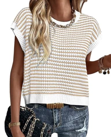 PRETTYGARDEN Womens Short Sleeve Sweater Spring Summer 2025 Round Neck Striped Pullover Cap Sleeve Knit Sweater Vest Tops(Apricot,Medium) - Image 1
