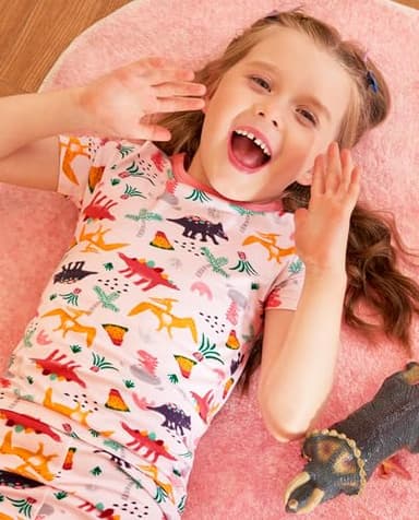 babee Reshinee Bamboo Viscose Toddler Girls Kids Pajama Sets Short Summer Cool Snug fit Sleepwear Pjs 2pcs Set 4-5Y Pink Dino - Image 2