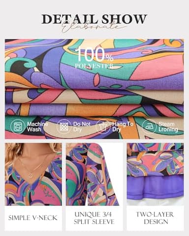 Bebonnie Blouses for Women Business Casual: Office Wear - 3/4 Length Sleeve Womens Tops - Chiffon Tunic Tops for Womens Spring Summer Fashion Trendy Clothes V Neck Shirts for Work Fancy Geometry M - Image 5