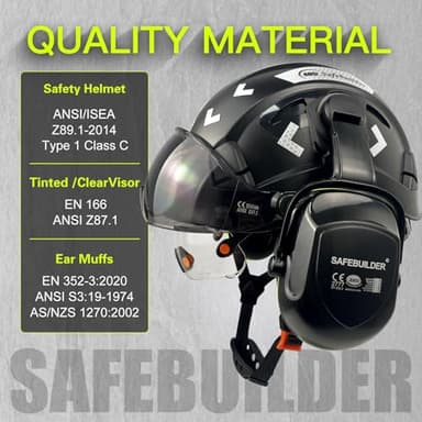 SAFEBUILDER Safety Hard Hats with Visor Hearing Protection 4 in 1 Safety Helmet Lightweight Adjustable Breathable 6-Point Suspension Head Protection ANSI Z89.1 Approved (Black+CSV+B&G 07 Ear Muffs) - Image 3