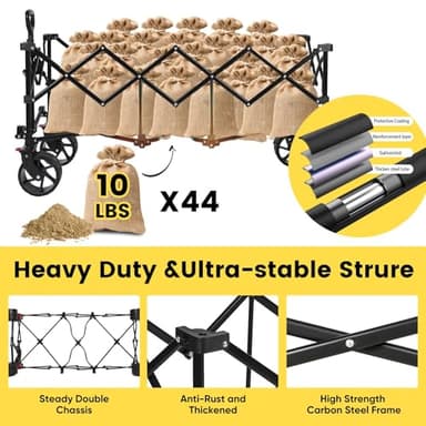 Sekey 48''L Collapsible Foldable Extended Wagon with 440lbs Weight Capacity, Heavy Duty 300L Folding Utility Garden Cart with Big All-Terrain Beach Wheels & Drink Holders. Black - Image 5
