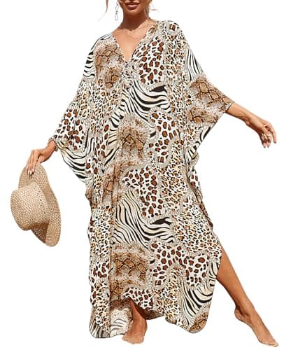 cthseie Women Animal Print Kaftan Dresses Plus Size Swimsuit Coverup 2025 Summer Bathing Suit Caftan Loungewear Beach Dress - Image 1