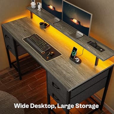 Huuger 55 inch Computer Desk with 4 Drawers, Gaming Desk with LED Lights & Power Outlets, Home Office Desk with Large Storage Space for Bedroom, Work from Home, Gray - Image 4