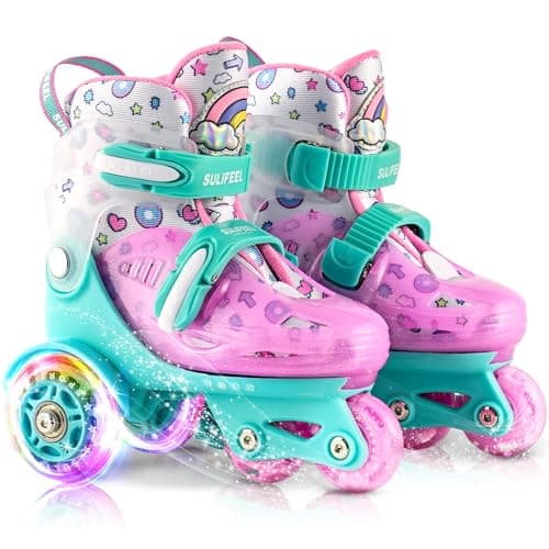 SULIFEEL Adjustable Roller Skates for Girls Boys Kids,Fun Illuminating Light Up Flash Wheels Three-Point Type Balance Suitable for Beginners Indoor Roller Skating Green & Pink Size Small - Image 1