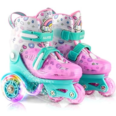 SULIFEEL Adjustable Roller Skates for Girls Boys Kids,Fun Illuminating Light Up Flash Wheels Three-Point Type Balance Suitable for Beginners Indoor Roller Skating Green & Pink Size Small - Image 1