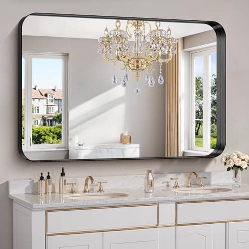 FORBATH 55x36 Inch Large Bathroom Mirror for Double Sinks, Brushed Black Deep Frame Wall Mirror with Rounded Corners, Anti-Rust Tempered Glass for Modern Farmhouse Vanity (Horizontal/Vertical) - Image 1