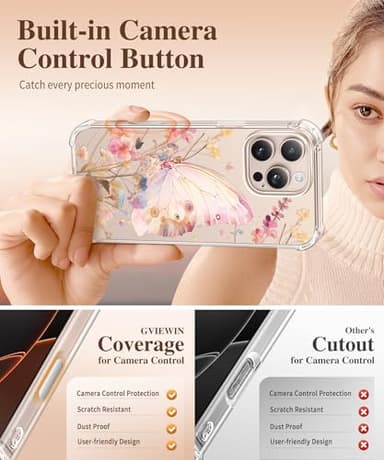 GVIEWIN for iPhone 16 Pro Max Case, with Screen Protector & Camera Lens Protector, Military-Grade Protection, Clear Shockproof Slim Floral Women Phone Case for iPhone 16 Pro Max, Magic Butterfly - Image 5