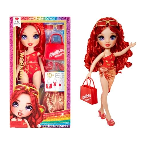Rainbow High Swim & Style Ruby, Red 11" Fashion Doll with Shimmery Wrap to Style 10+ Ways, Removable Swimsuit, Sandals, Fun Play Accessories. Kids Toy Gift Ages 4-12 Years - Image 1
