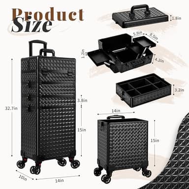 AROUS 5 in 1 Rolling Makeup Train Case Cosmetology Case on Wheels Large Cosmetic Organizer Travel Cart for Hairstylist Artist Nail Beauty Salon Barber,Black - Image 3