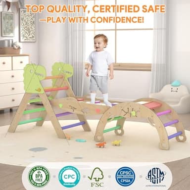 Pikler Triangle Set with Cushion 9 in 1 Climbing Toys for Toddlers 1-3 Indoor Baby Gym Toddler Montessori Toys Wooden Climbing with Maze, Shape Sorting, Dinosaur Car - Image 4